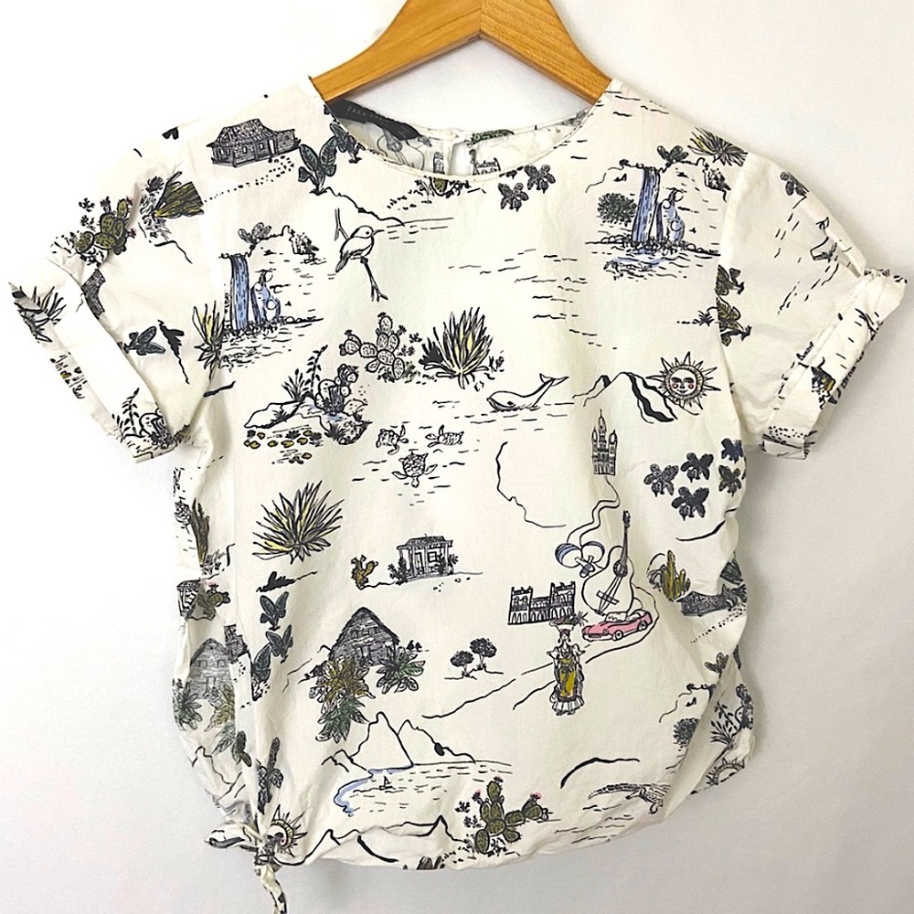 Zara Roadtrip Vacay Drawn Desert Print Side Tie Short Sleeve Top